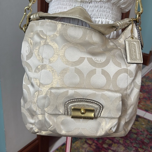 Coach  Kristen Satchel shoulder bag Crossbody  gold metallic canvas pristine - Picture 1 of 16